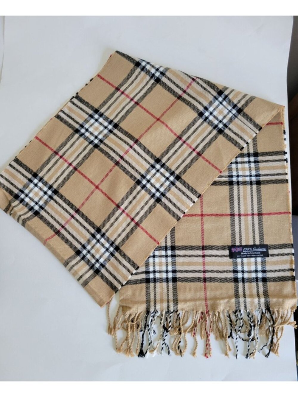 Vintage Tan Red Tartan Plaid 100% Cashmere Scarf Made In Scotland With Fringe